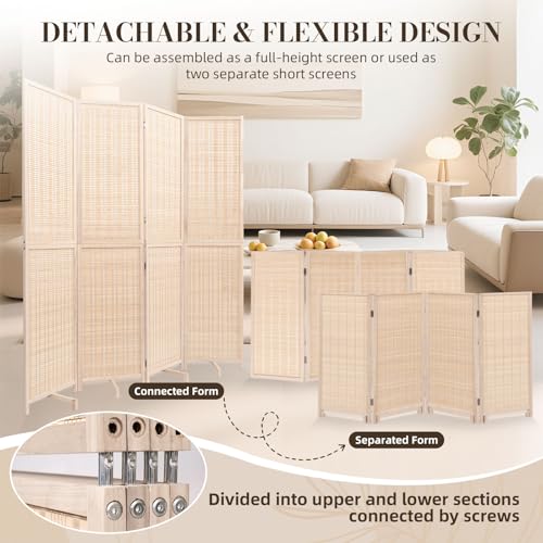 Beige Bamboo Room Divider 67" 4-Panel Freestanding Wall Screen - Detachable & Foldable