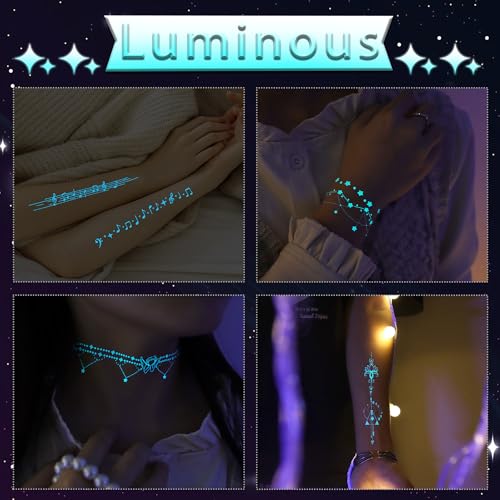 Blue Luminous Temporary Tattoos Glow in the Dark Music Festival Moon Tattoos Waterproof Planet Star Fake Tattoo Sticker for Women Men Face Body Arm Party Cute Skin Tattoo Decorations