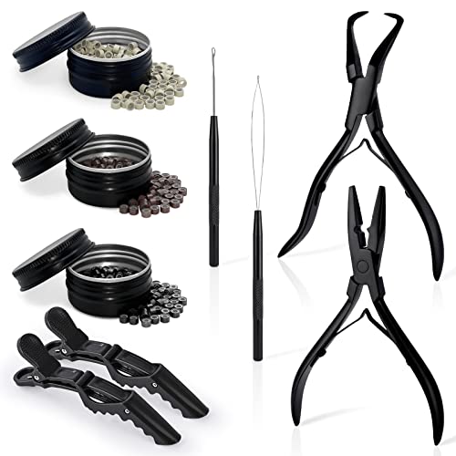 EHDIS Black Hair Extension Beading Tool Kit 600PCS Micro Silicone Beads & Pliers