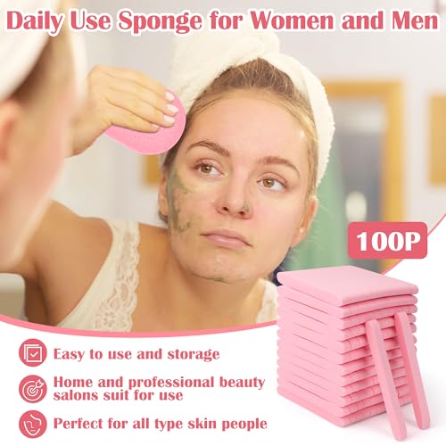 X-Large 100 Pcs Facial Sponge Compressed, Luxiv 4.5x3.4 Large Face Cleansing Sponges for Estheticians Compressed Makeup Remover Sponge Oval Wash Face Sponges for Women Exfoliating (Pink)