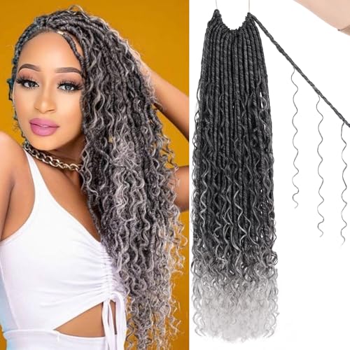 24 Inch Goddess Locs Crochet Hair - Boho Faux Locs with Curl End, Ombre Grey, Pre-Looped, 9 PCS