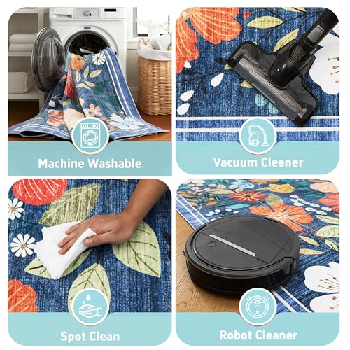 Blue Floral Washable Area Rug 8x10 - Ultra Soft, Non-Slip, Pet Friendly