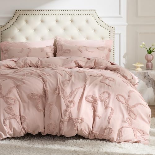 Full Size Pink Comforter Set with Bow Embroidery – 3 Pieces Tufted Rose Pink Bedding