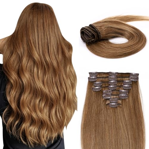 Clip-In Hair Extensions 100% Human Hair Short 8 Inch Light Brown 8pcs Full Head