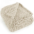 Beige Chunky Knit Throw Blanket 60x80 Inches - Handmade Chenille Bed & Couch Accessory