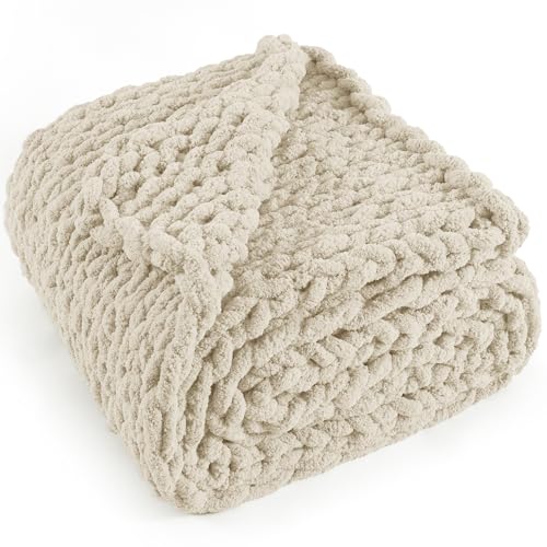 Beige Chunky Knit Throw Blanket 60x80 Inches - Handmade Chenille Bed & Couch Accessory