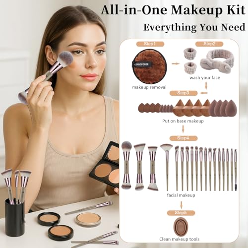 HEYMKGO Makeup Brushes, 40Pcs Professional Makeup Brush Set Dual Ended Foundation Blush Concealer Contour Powder Eyeshadow Make up Tools with Sponges Puffs Clear Bag for Blending Buffing Highlighting