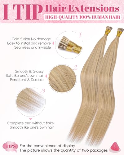 I Tip Human Hair Extensions 16 Inch Silky Straight 30g Dark Blonde Highlighted
