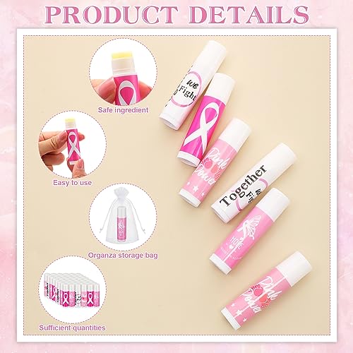 Fumete 50 Sets Breast Cancer Awareness Lip Balm Pink Ribbon Gift Bulk - Natural, Moisturizing, 4 Flavors, Includes Inspirational Quotes