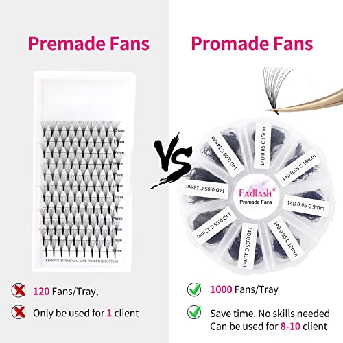Premade Eyelash Extension Fans 1000pcs 14D 0.05C Mix 9-16mm - Handmade Volume Lashes