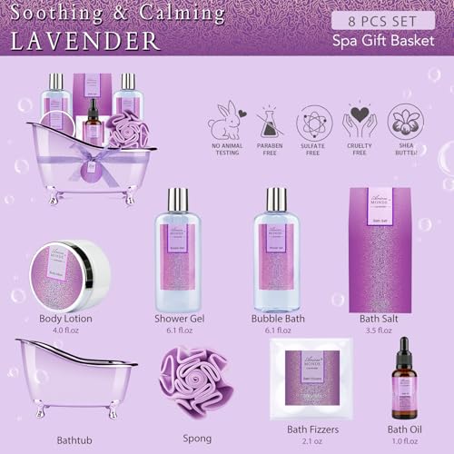 Lavender Spa Gift Set - Bath & Body Gifts Basket for Women, 8 Pieces, Aromatherapy