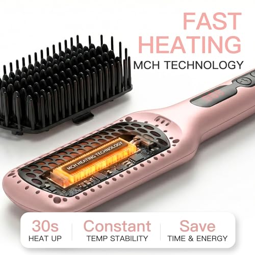Pink Gold Hair Straightener Brush with Ionic Ceramic Heating, Anti-Scald, Auto Shutoff, Dual Voltage