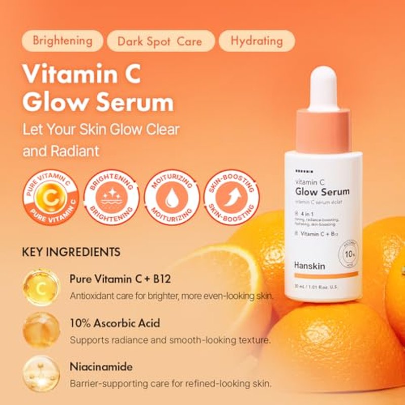 Hanskin Vitamin C Glow Serum ? Korean Brightening Facial Serum for Glowing, Radiant, Even-Toned Skin | 10% Ascorbic Acid & Vitamin C + B12 | Lightweight, Skin-Boosting Daily Serum | 1.01 fl oz