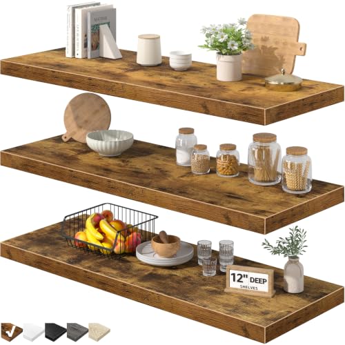 Deep Floating Wall Shelves Set of 3 - 12-Inch Depth, Brown, 35.4 x 12 Inches - Farmhouse Style Variation A