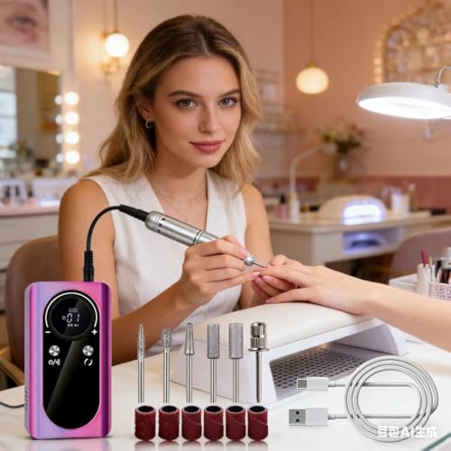 Nail Drill, Wireless Electric Rechargeable Manicure Machine, Suitable for Removing Gel Nails. Professional Manicure polishing kit, Suitable for use in Salons and at Home. Purple Color