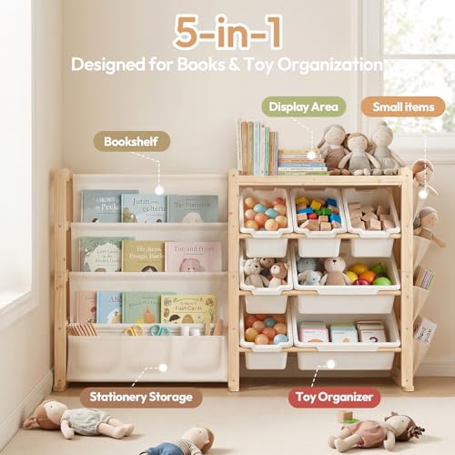 Kids Toy Storage Organizer with Bookshelf and Bins - Solid Pine Nursery Shelving