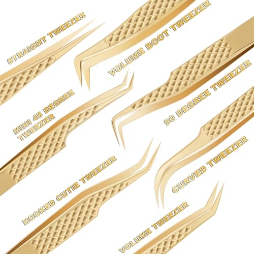 EKYSSO Gold Eyelash Tweezers Kit 7 Pcs for Lash Extensions, Professional Lash Tools