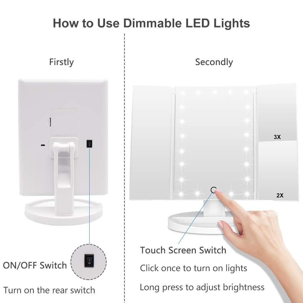 WEILY Makeup Mirror with 21 LED Lights,Two Power Supply Modes, Adjustable Touch Screen and 1x/2x/3x Magnification Tri-Fold Vanity Mirror,Chargeable Travel Cosmetic Mirror for Desktop(White)