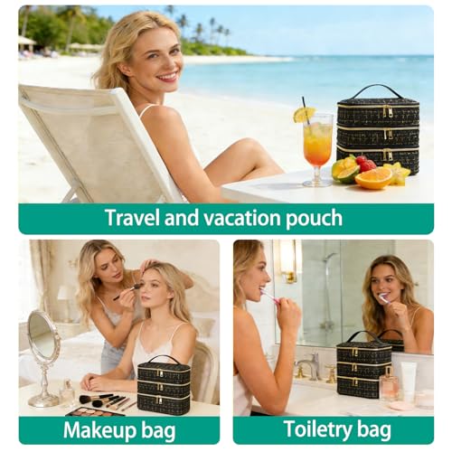 Travel Makeup Bag for Women Three Layer Large Cosmetic Case Water-resistant Toiletry Bag Organizer for Store Toiletries Cosmetic Accessories and Manicure Sets Gold Black