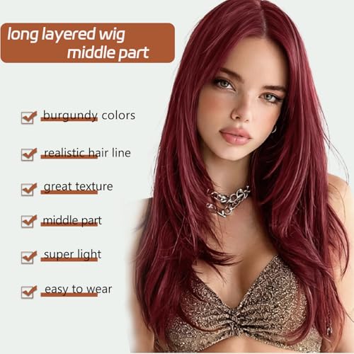 Long Burgundy Wigs for Women 26 Inch Layered Synthetic Heat-Resistant Wig - Middle Part Variation of THIS listing