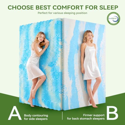 Queen Size BDEUS Dual Layer Memory Foam Mattress Topper with Cooling Gel, White