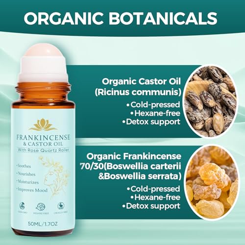KUNLEN Frankincense & Castor Oil Roll-On with Rose Quartz - Organic Skin Firming 1.7 fl oz (Variation 1)
