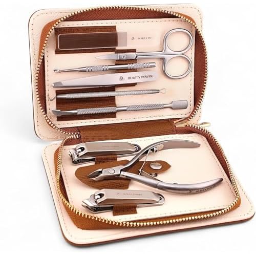 9 in 1 Professional Manicure Pedicure Set - Stainless Steel Nail Clippers, Nano File, Cuticle Nipper, Scissors, Tweezers, Travel PU Leather Case for Men & Women - Gift Idea - Brown