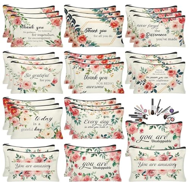 30Pcs Inspirational Quotes Makeup Bag Canvas Cosmetic Bags Encouragement Travel Toiletry Pouch Thanksgiving Appreciation Gifts for Women Valentine's Day Mother¡¯s Day Wedding