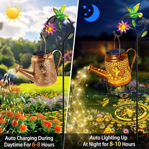 Solar Lanterns Outdoor, Hummingbird Sunflower Watering Can lights, Waterproof Hanging Lanterns, Solar Path Lights, Outside Decoration Gardening Christmas Gifts for Mom Grandma Women with Shepherd Hook