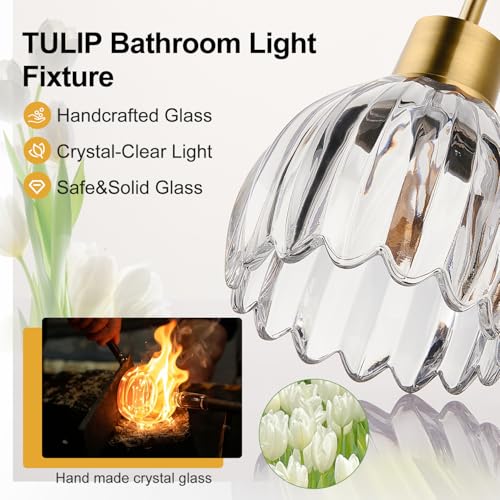 3-Light Bathroom Vanity Light Fixture - Brushed Gold Tulip Glass Shade, Wall-Mounted, Dimmable