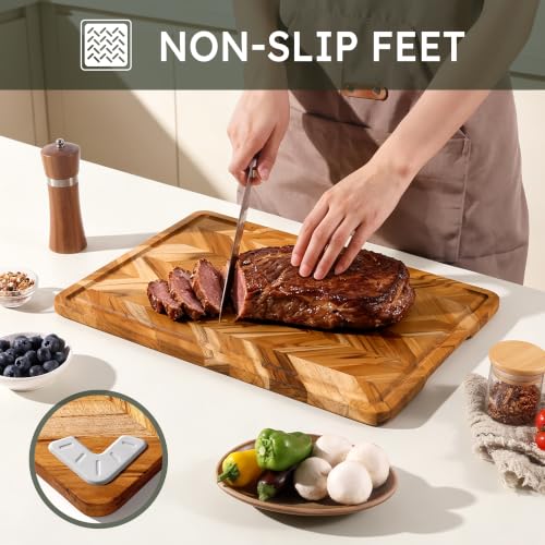 Nomsters 3-Pack Heavy-Duty Teak Cutting Boards with Non-Slip Base - Herringbone Wood Set
