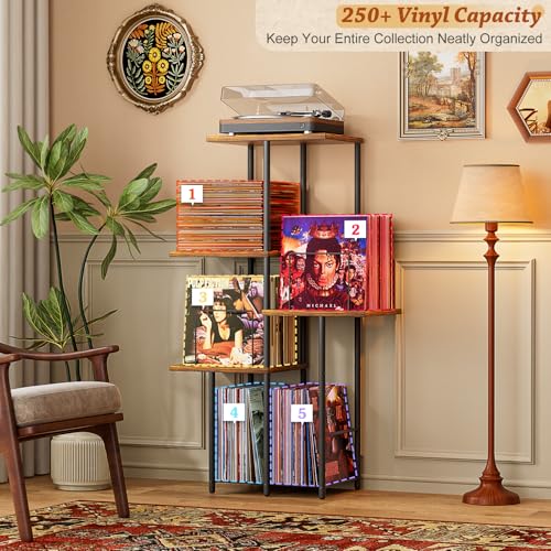 Black & Rustic Brown Vinyl Record Player Stand with Storage Shelves & Display - Mid Century Modern Tall Console