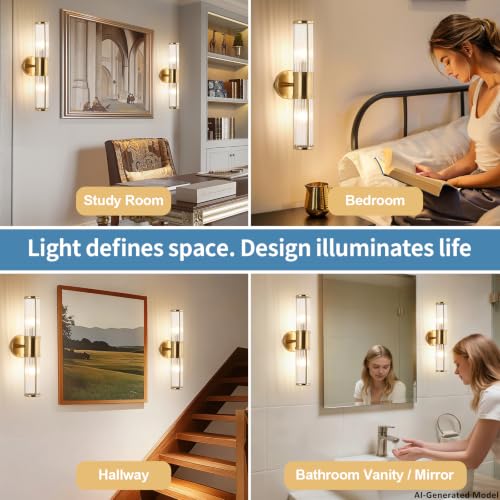 ECOBRT Brushed Brass Vanity Light Fixture 19.69 Inch Dual Glass Rod Wall Sconce