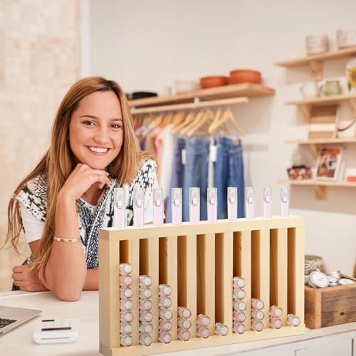 Wooden Lip Balm Display Rack - 10 Slot Lipstick Holder with Clear Card Slots - Variation: Wood Color / 10 Slots