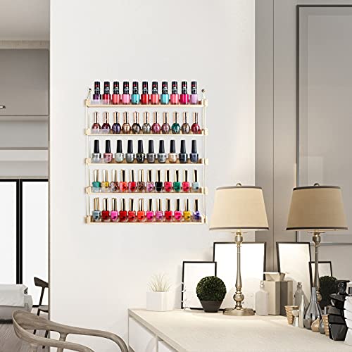 Wood Wall Mount Nail Polish Display Shelf Rack - Holds 60 Bottles, 5 Tiers, Gold & Wood Finish