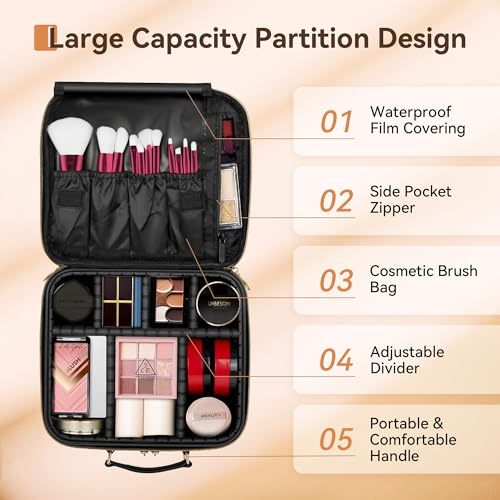 Portable Makeup Organizer Bag with Adjustable Dividers & Brush Holder