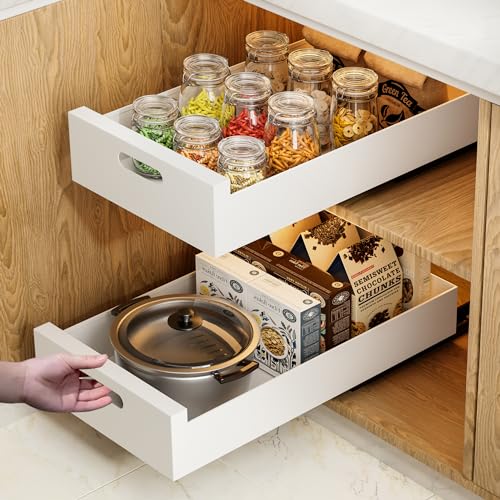White 21-Inch Deep Pull Out Cabinet Organizer with Adhesive - 10-Inch Wide Steel Drawers, for Frameless Cabinets - 2 Pack