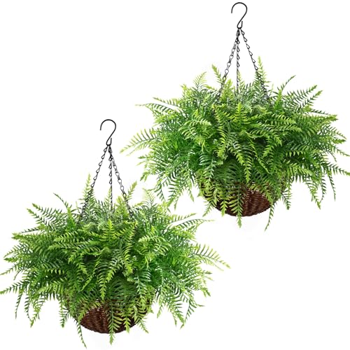 Fake Hanging Fern Plants Outdoor 2 Pack - Green faux Indoor & Outdoor Decor
