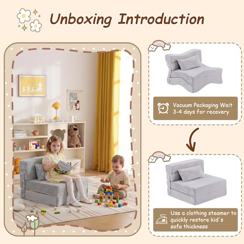 Kids Foldable Sofa Bed with Pillow - Plush Grey, Washable Floor Couch for Children