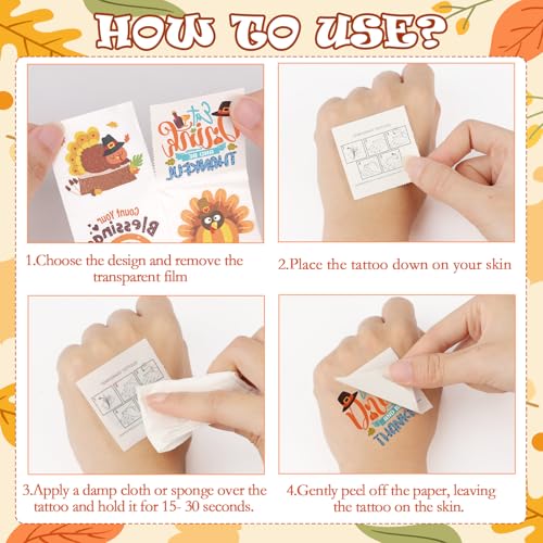Konsait Thanksgiving Temporary Tattoos, 96Pcs Perforated Give Thanks Pumpkin Turkey Tattoos, Thanksgiving Goodie Bag Stuffers & Accessories, 24 Design