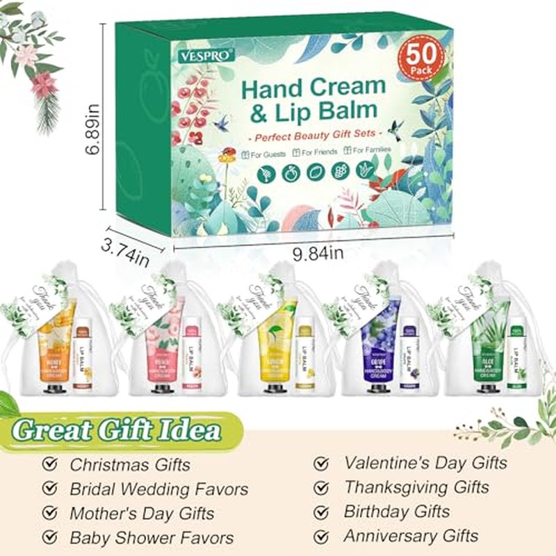 50 Sets Bulk Hand Cream and Bulk Lip Balm, Easter Basket Stuffers, Mothers Day Gifts, Bridal Shower Favors for Guests with Thank Card Organza Bags, Wedding Favors, Teacher and Nurse Gifts