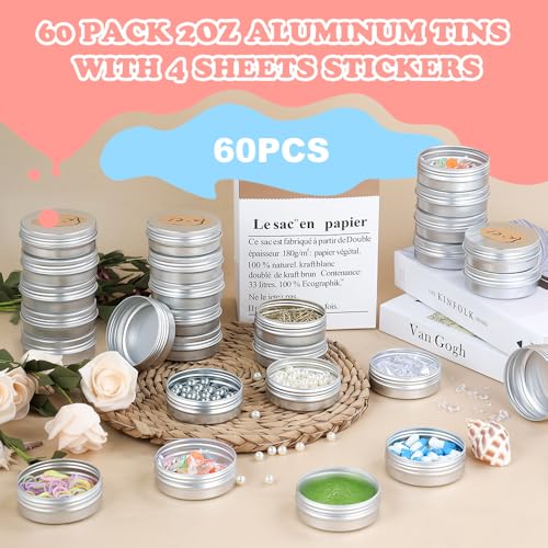 YQ 60 Pack 2oz Refillable Aluminum Salve Tins with Silver Lids for Balms & Lotions