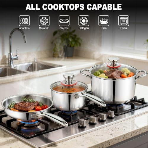 Stainless Steel Cookware Set of 10 - 6 Pots & Pans for All Stoves