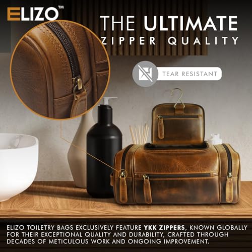 ELIZO Antique Extra Large Leather Toiletry Bag for Men Waterproof Hanging Dopp Kit Travel Organizer