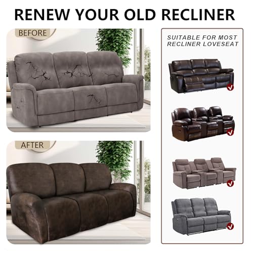 ANARACHON 3 Seater Leather Look Recliner Couch Cover - Brown, 8-Piece Sofa Slipcover