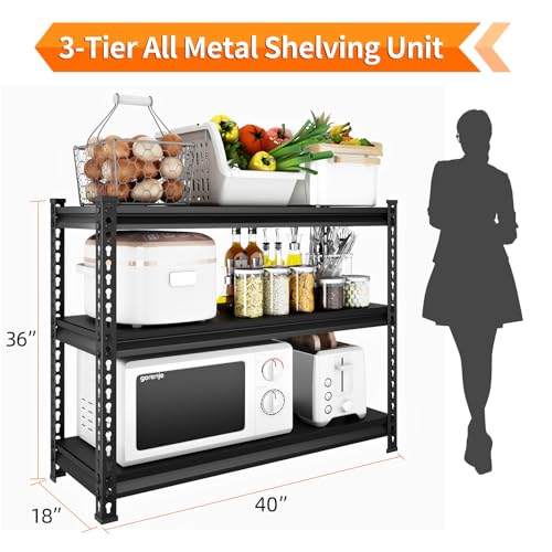 Heavy Duty 3-Tier Garage Shelving Unit - Black, 40W x 18D x 36H, Adjustable Storage