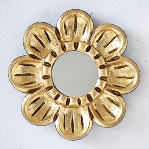 Peruvian Gilded Bronze Leaf Round Mirror 6¡±- Luxury Hand-Carved Wood Flower Wall Art - Small Space Art