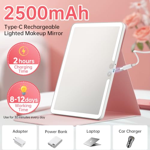 FUNTOUCH 2500mAh Rechargeable Travel Makeup Mirror with Lights - Pink N