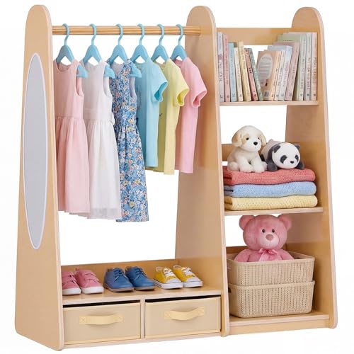 Kids Wooden Triangular Dress Up Closet with Mirror & Storage - Toddler Wardrobe for Little Girls