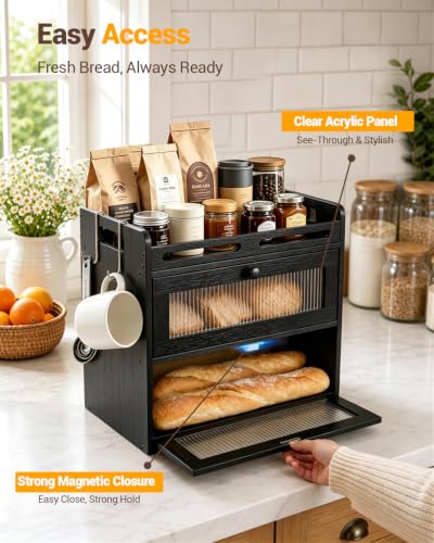 Black 2-Tier Bamboo Bread Box for Kitchen Countertop with Clear Doors